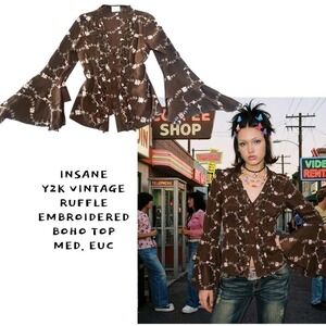 RARE BROWN EMBROIDERED RUFFLE Y2K CANDA WHIMSIGOTH BOHO‎ BLOUSE 8